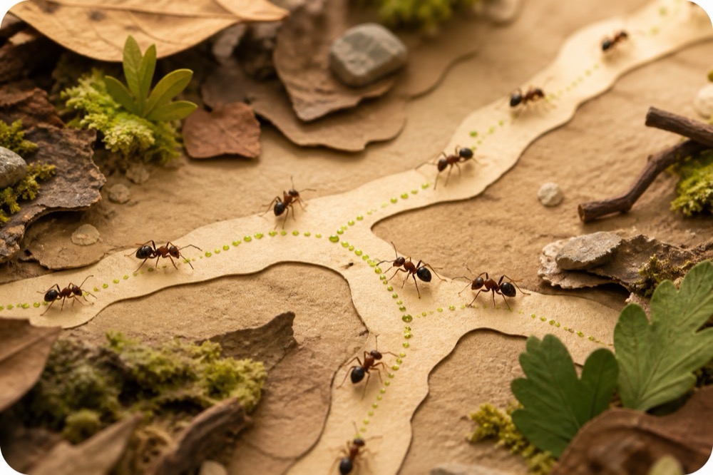 Ants following a trail on the forest floor