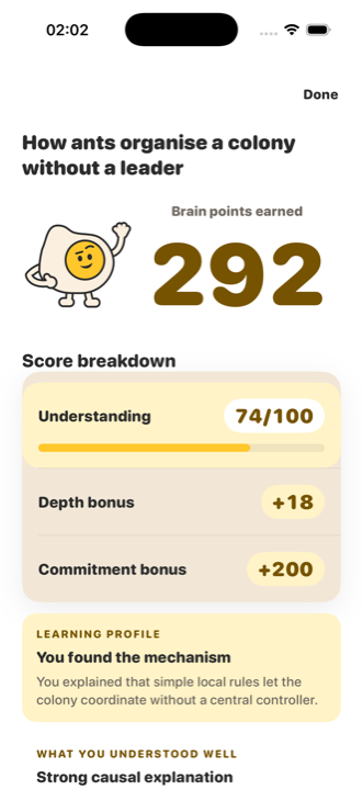 The results screen: 292 Brain Points earned, with an Understanding score, a Depth bonus and a Commitment bonus